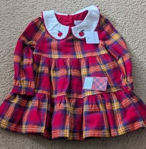 New With Tags Tahari Red Plaid Apple Collared Ruffle Long Sleeve Dress Size 12M